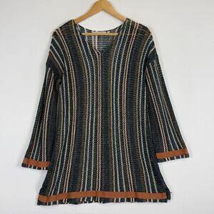 Soft Surroundings Beige‎ Green Stripe Open Knit Lagenlook Sweater Women's Large